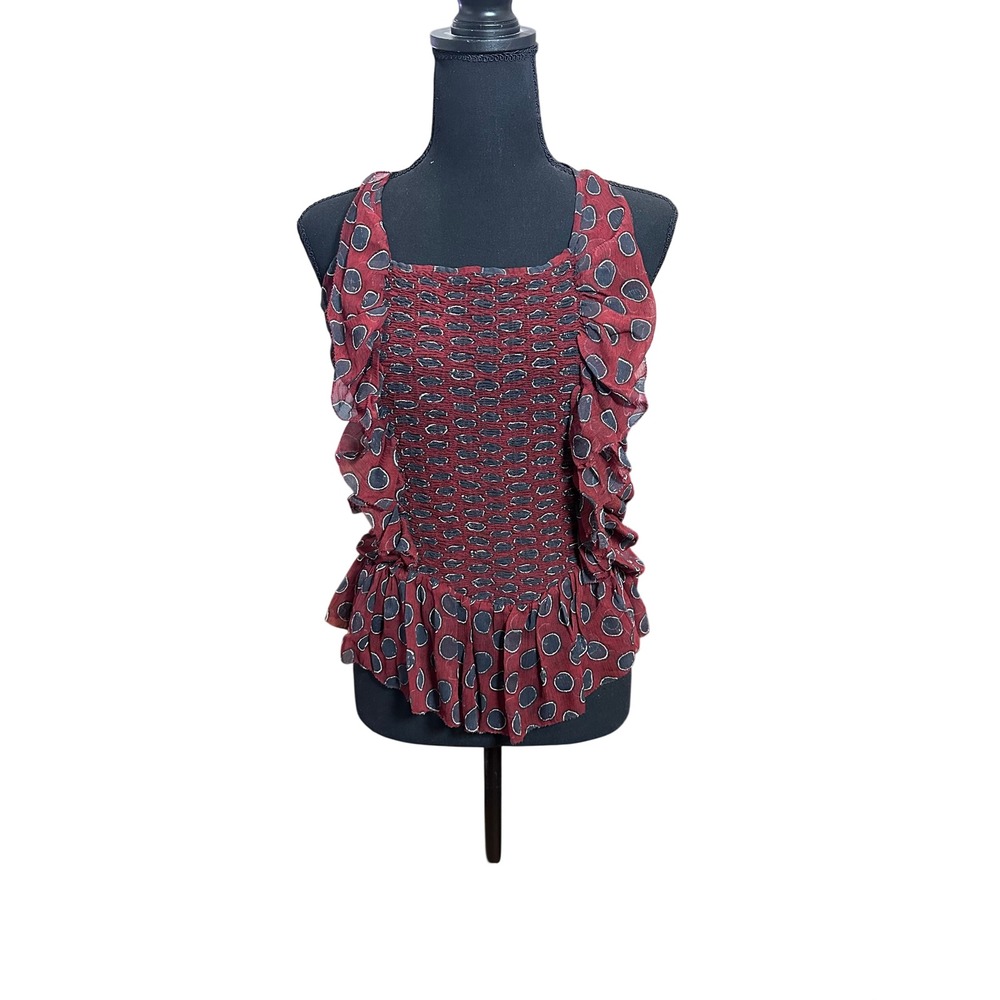 Isabel Marant Etoile Burgundy Silk Smocked Halter Top Polka Dot Peplum Size 42